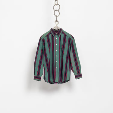 STRIPED COTTON SHIRT Vintage Menswear Work Shirt Button Up Collar Blue Green 90's Oversize / Large 