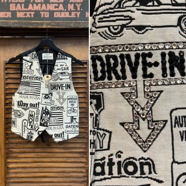 Vintage 1980’s White x Black Pop Art Street Signs Cartoon Car Tapestry Vest Jacket, New Wave, Americana, 80’s Vintage Clothing 