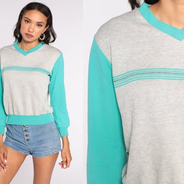 Grey V Neck Sweatshirt Turquoise STRIPED Ringer Shirt 80s Sweater Pullover Slouchy Sports 1980s Vintage Retro Small Medium 