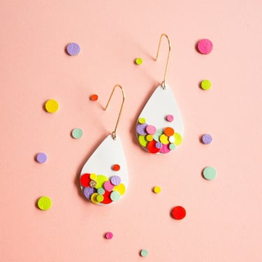 Confetti Teardrop Earrings in Neon + White - Lightweight Statement Leather earrings made with Scraps 
