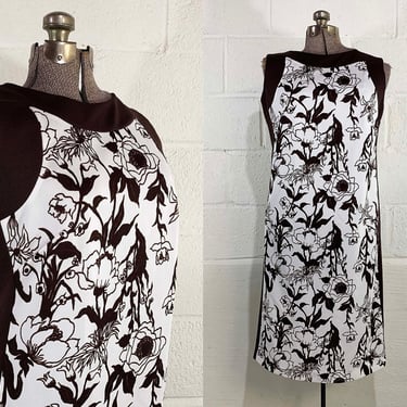 Vintage Mod Dress Brown Print White Prissy Party Cocktail A-Line Twiggy Sleeveless 1960s Medium Large 