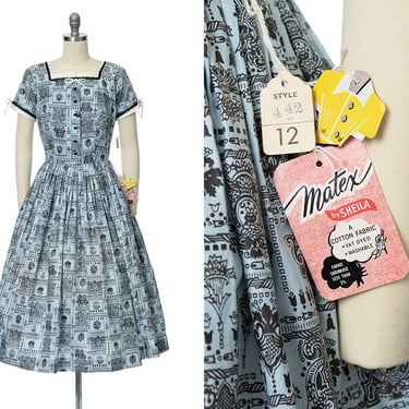 Vintage 1950s Dress | 50s DEADSTOCK with Tags Floral Filigree Printed Cotton Blue Faux Shirtwaist Day Dress (small) 