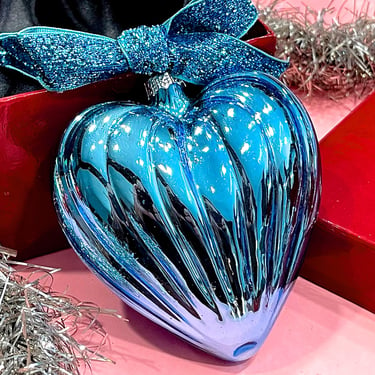 VINTAGE: Blue Aqua Glass Christmas Heart Ornament In Box - Mercury Ornament - Love - Holiday - Xmas 