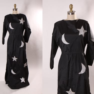 1980s Black and Silver Metallic Lame Long Sleeve Novelty Star and Moon Celestial Witch Halloween Costume Dress -XL 