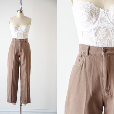 high waisted pants | 90s vintage Eddie Bauer cotton flannel brown dark academia style straight leg trousers 