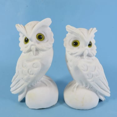 Vintage Pair of White Stone Owl Figures - White Stone Owl Figurines 