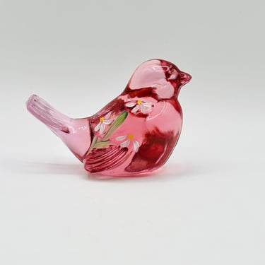 Fenton Cranberry Pink Vintage Glass Sparrow Bird  Handpainted and Signed by LeChalet