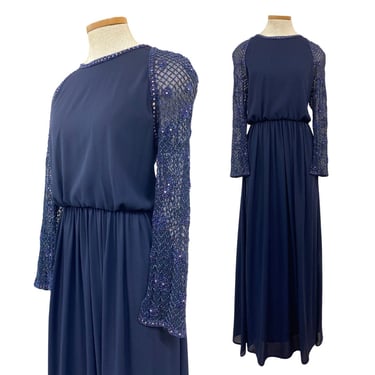 Vtg 60s 1960s Victoria Royal Designer Mother Of The Bride Beaded Navy Gown 