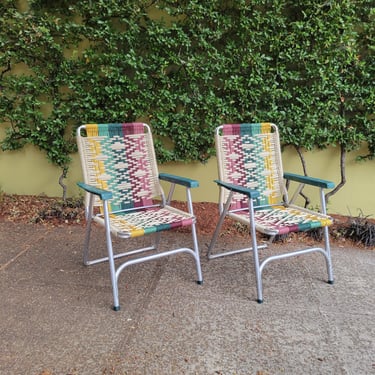 Set of 2 macrame lawn chairs, colorful unique outdoor furniture folding woven chair, for glamping, camping, festival, van life or yard decor 