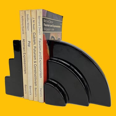 Vintage Bookends Retro 1980s Art Deco Revival + Triple Arch + Black Ceramic + Glossy + Set of 2 + Book Display + Contemporary Home Decor 