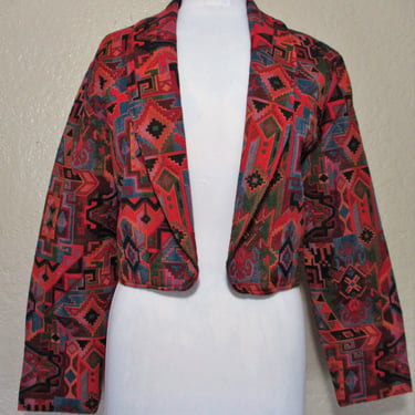 Vintage 1990s Bohemian Bolero Jacket, Multicolor Woven Cotton Blend, Medium Women 
