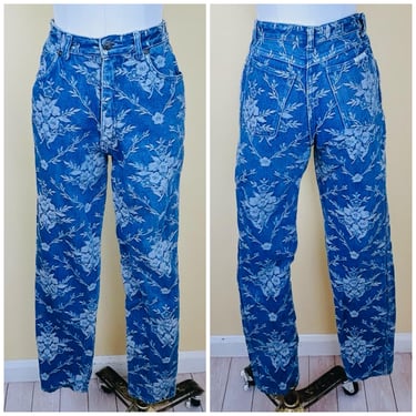 1980s Vintage Cotton Denim Floral Pants / 80s / High Waisted Tapestry Jeans / Size Small 