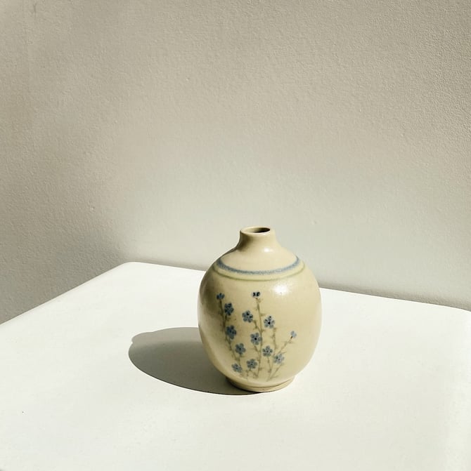 Natural Ceramic Bud Vase with Blue Florals