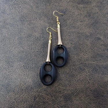 Bold earrings, black rubber earrings, modern earrings, unique Art Deco earrings, chunky statement earrings, gold brass earrings, long 