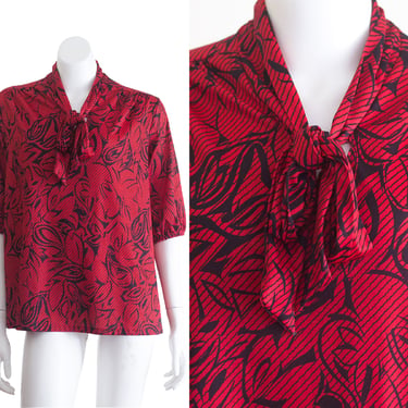 Vintage 1970s Red Blouse with Abstract Design 