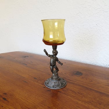 Vintage Cherub Votive Candleholder Cast Metal Amber Glass Hollywood Regency Mid Century 