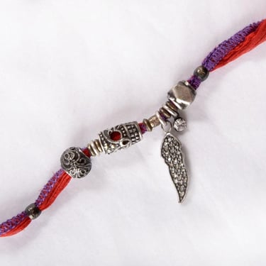 1990's JOHNNY WAS Necklace & Bracelet Wrap hippie boho style Red and Purple, Metal Charms Feather Beads, Vintage Jewelry, 43