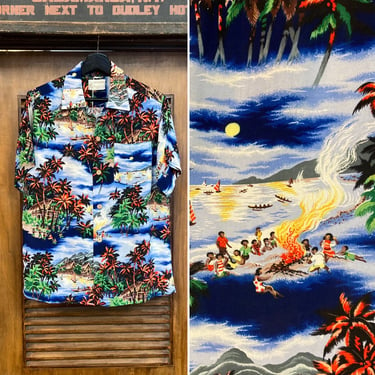 Vintage 1950’s Evening Scene Hula Girl Natives Crepe Tiki Hawaiian Shirt, 50’s Loop Collar Shirt, Vintage Clothing 