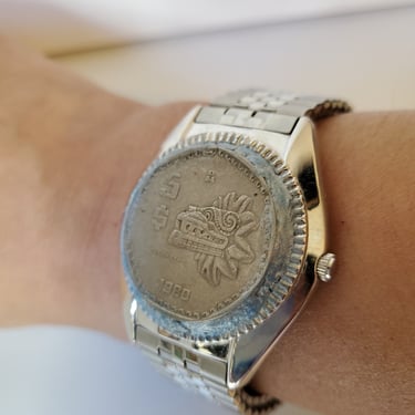 Coin Watch Bracelet, Silver Tone Peso Bracelet, Redesigned Watch, Hand Painted Watch, Mexican Coin Watch, Designs by Amanda Alarcon Hunter 