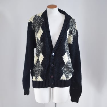 80s Diamond Pattern Black Cardigan - M/L 