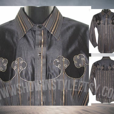 Dee Cee Vintage Western Men's Shirt, Cowboy & Rodeo, Embroidered Gold Metallic Stripes on Black, 15-33, Approx. Medium (see meas. photo) 