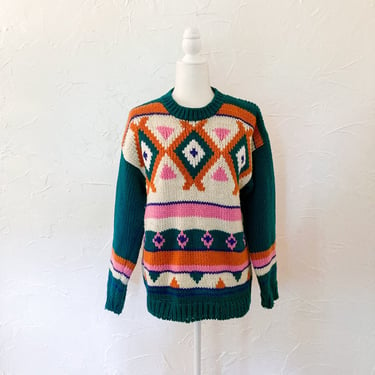80s/90s Chunky Geometric Hand Knit Pullover Sweater Turquoise Orange Cream Pink Blue | Large/Extra Large/2X 