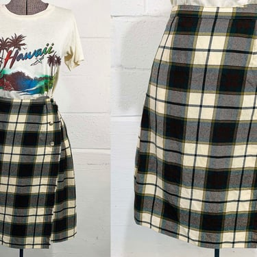 Vintage Pleated Tartan Skirt 1970s Aljean Wrap Cream Green Wool Mod A-Line XS Small 1960s 