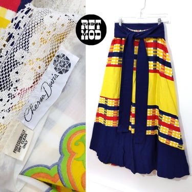 Fantastic Chessa Davis Vintage 70s Yellow Red Navy Blue Plaid Maxi Skirt with Psychedelic Lining 