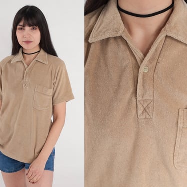 70s Terry Cloth Shirt Tan Polo Shirt Retro Short Raglan Sleeve Collared Shirt Preppy Collar Sporty Top Vintage 1970s Montgomery Ward Small S 