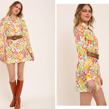 Vintage 1960s 60s Rainbow Square Pattern Button Up Long Sleeve Mini Dress w/ Dagger Collar 