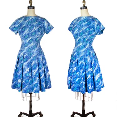1950s Dress ~ Blue Pools Cotton Pleated Skirt Day Dress 