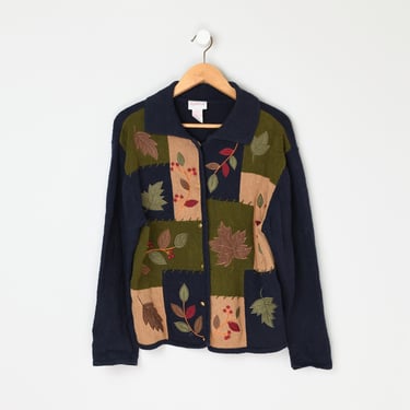 Vintage 90s Autumn Leaves Cardigan - embroidered, fall, oversized, kitschy, patchwork - Women's L 