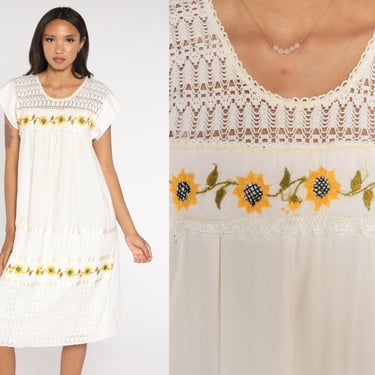 Mexican Sunflower Dress 90s White Floral Embroidered Crochet Midi Dress Bohemian Cap Sleeve Retro Summer Sundress Vintage 1990s Medium 