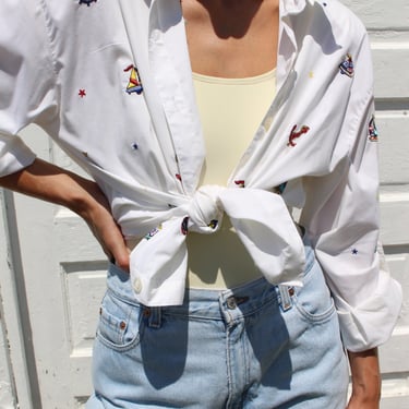 Vintage Sailboat Embroidered Crisp White Blouse