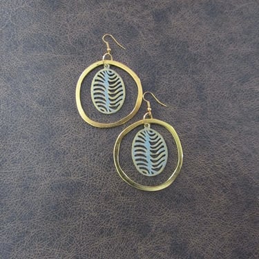Large blue patina and gold hoop earrings 