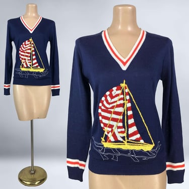 VINTAGE 70s Chenille Sailboat Nautical V Neck Sweater by Cyn-Les Sz M | 1970s Red White and Blue Novelty Sweater | VFG 