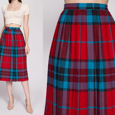 Medium 70s Plaid Wool Pleated Midi Skirt 27.75" | Vintage Red Blue High Waist Preppy Schoolgirl Skirt 