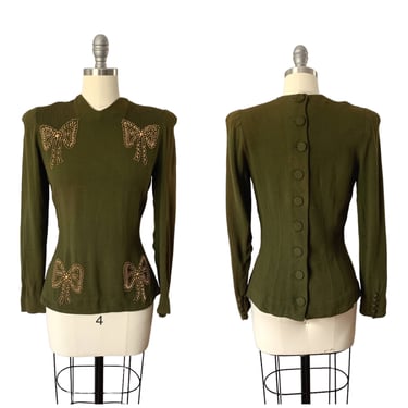40s Green STUDDED Sweater Wool Top / 1940s Vintage Autumn Fall Blouse / Medium 