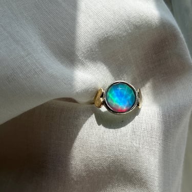 Aurora Opal Heart Statement Ring in Sterling Silver with Brass Hearts 