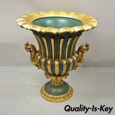 Vtg Italian Hollywood Regency Green and Gold Large Carved Wood Urn Planter Pot