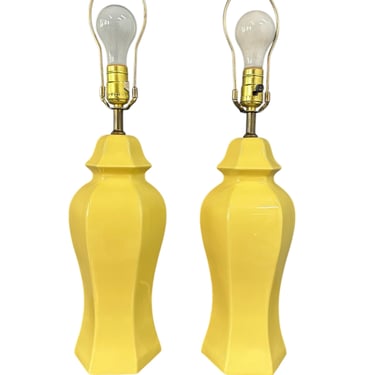 1970s Buttery Yellow Chinoiserie Pair of Table Lamps Mid Century