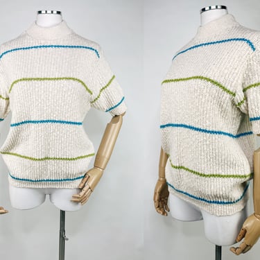 Vintage 70s Short Sleeve Striped Cotton Knit Turtle Neck Sweater in Cream w Green & Blue Stripes by Towncraft Plus for Pennys M/L | Preppy 