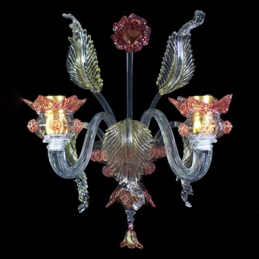 Handmade Murano glass wall sconce in crystal colour, with pink and gold leaf details, handmade Made in Italy 