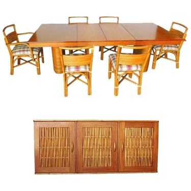 Rare Restored Mid-century Rattan and Mahogany Dining Set with Sideboard 