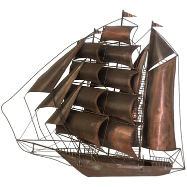 Stately Vintage Copper Metal Art Sail Boat | Mid-Century Metal Art Schooner | Nautical Wall Decor 