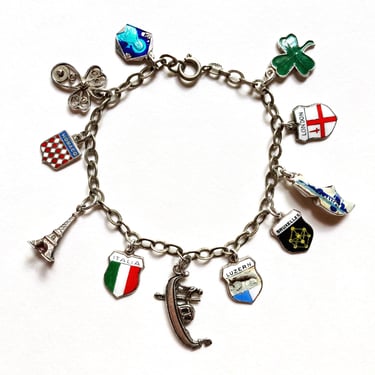 Sweet Vintage European Tour Travel Sterling Siver Enamel Charm Bracelet 7 In. 