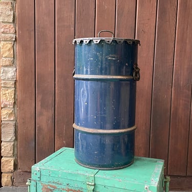 Navy Blue Oil Drum Trash Can + Lid Workshop Ratrod Steel Barrel Man Cave Garage Vintage Mid-Century Industrial 