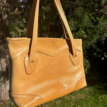 Vintage 1950s 50s Natural Tan Leather Handmade Handbag Purse Metal Zipper by TimeBa