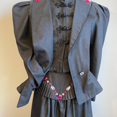 1980s Saks Fifth Avenue Denim Dress and Jacket with Gemstones 