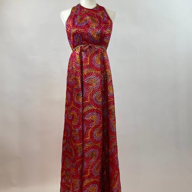 1970s Futura Couture Pink Metallic Halter Dress 